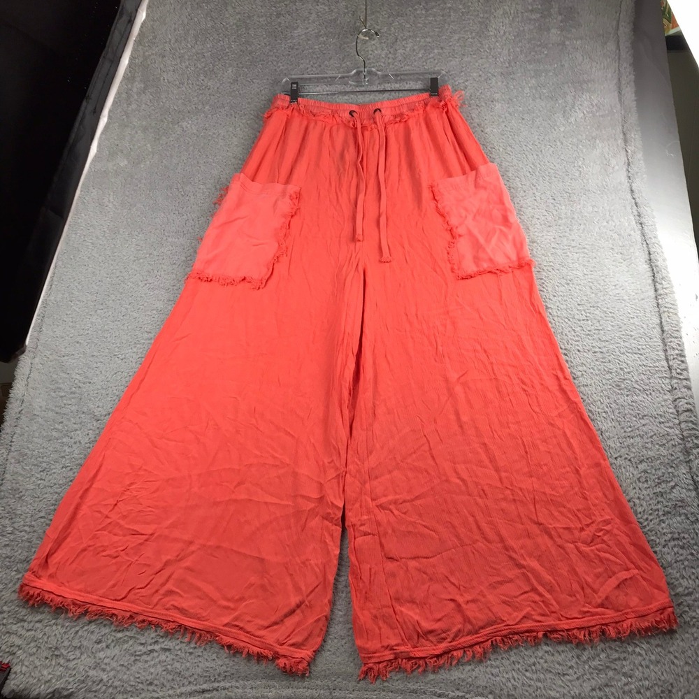 Free People FP Movement Sure Thing Pants Women L Coral Wide Leg Gauze Fringe NEW
